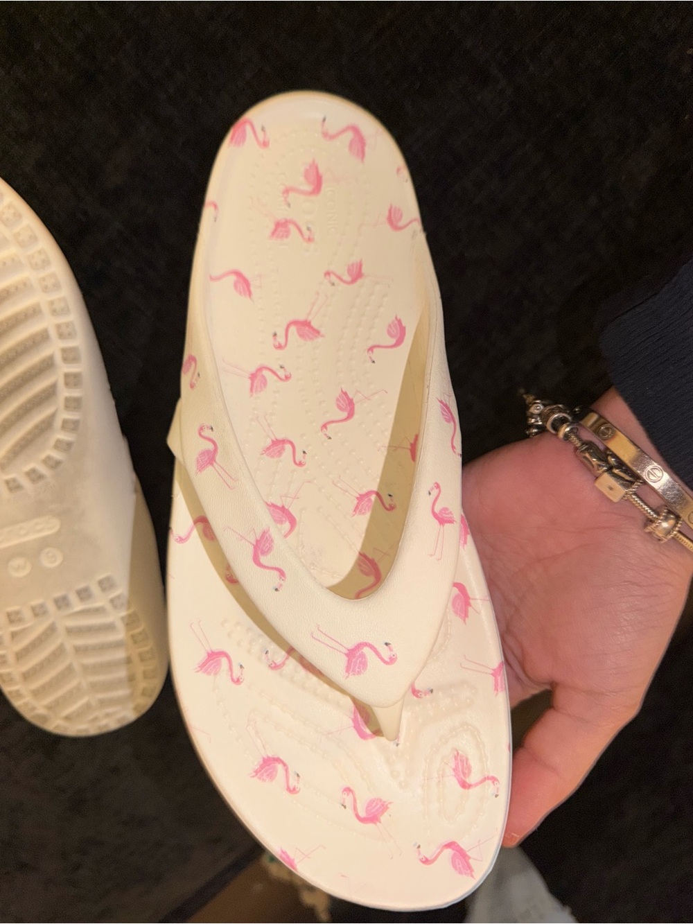 CROCS Cream Flip Flops with Pink Flamingo Pattern